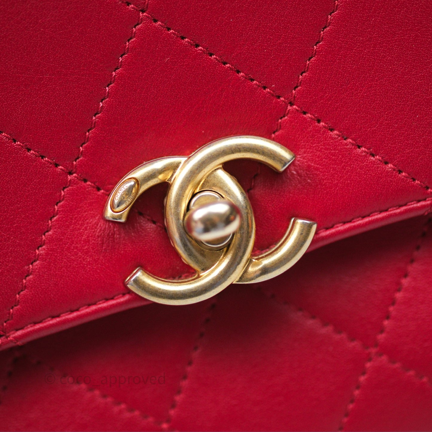 Chanel Quilted Flap Bag  with Pearl Logo Top Handle Red Lambskin Aged Gold Hardware
