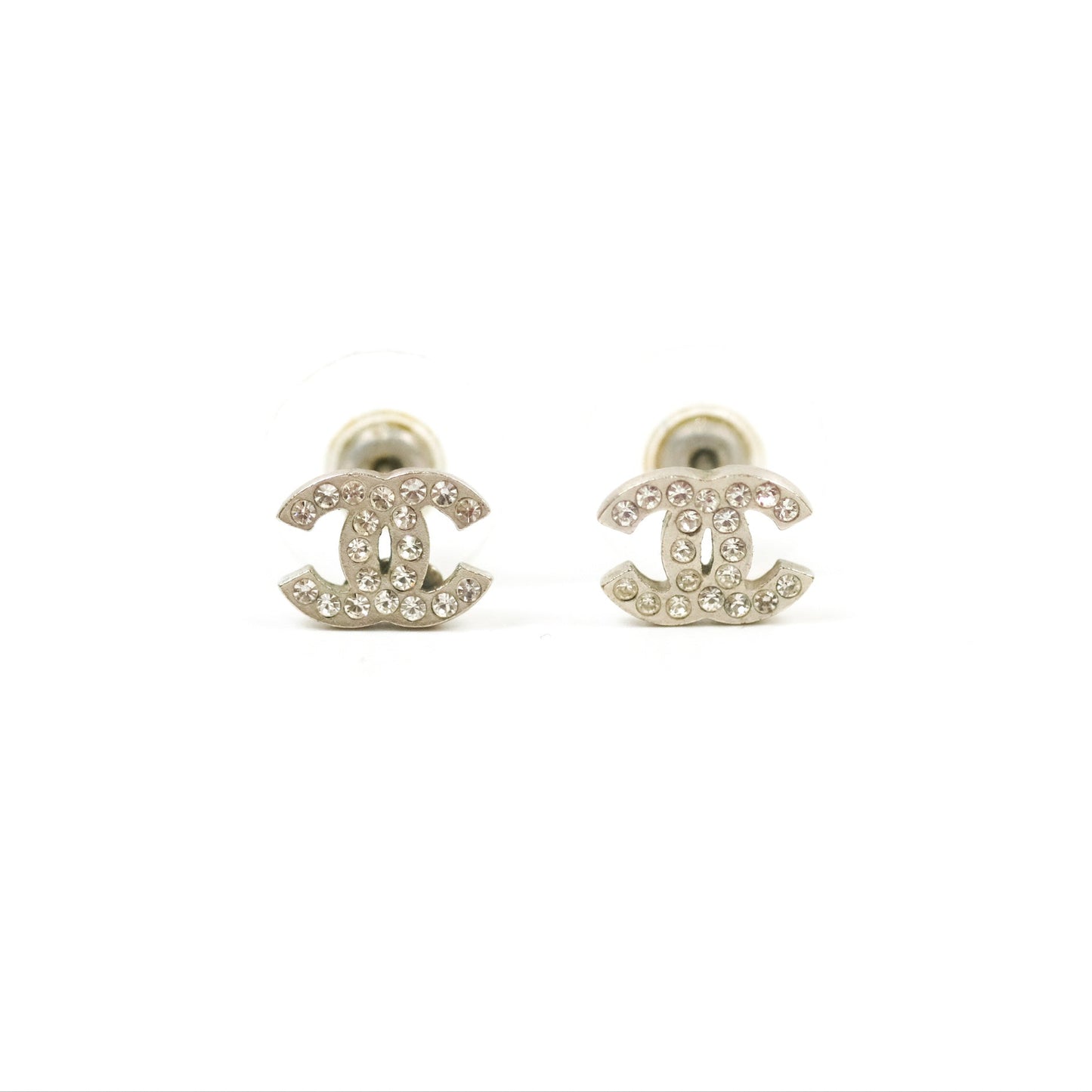 Chanel CC Crystal Earrings Silver Tone 12V