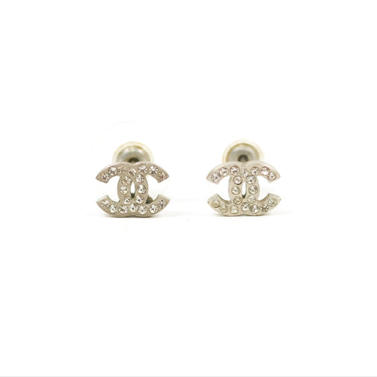 Chanel CC Crystal Earrings Silver Tone 12V