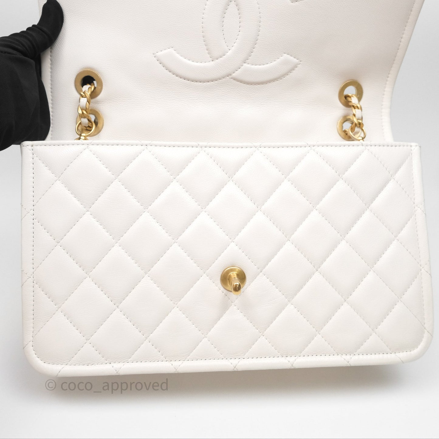Chanel Large Quilted Sweet Classic Flap White Caviar Aged Gold Hardware