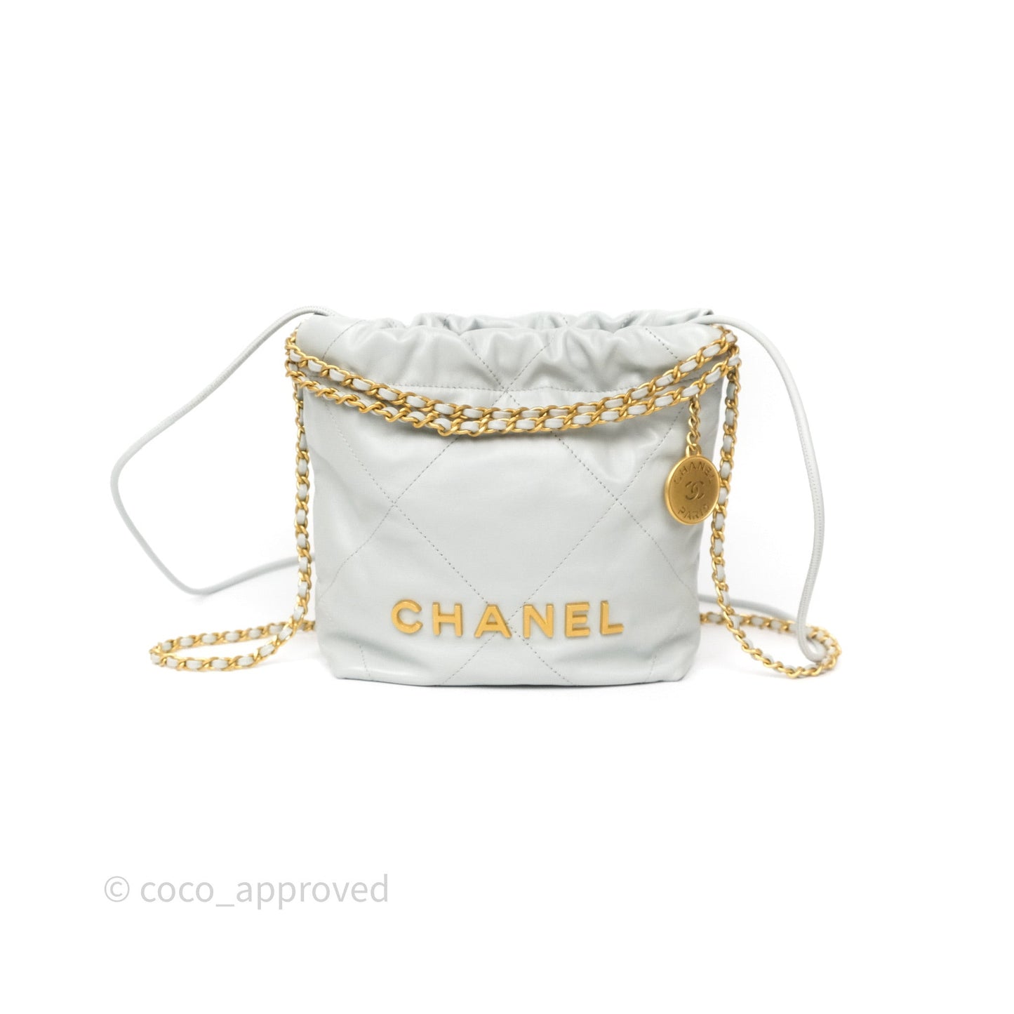 Chanel 22 Mini Bag Light Blue Shiny Crumpled Calfskin Aged Gold Hardware