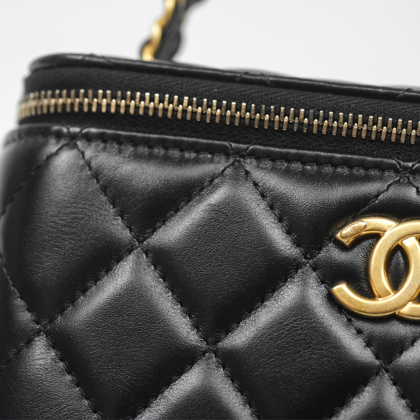 Chanel Vanity Rectangular with Top Handle Black Lambskin Aged Gold Hardware