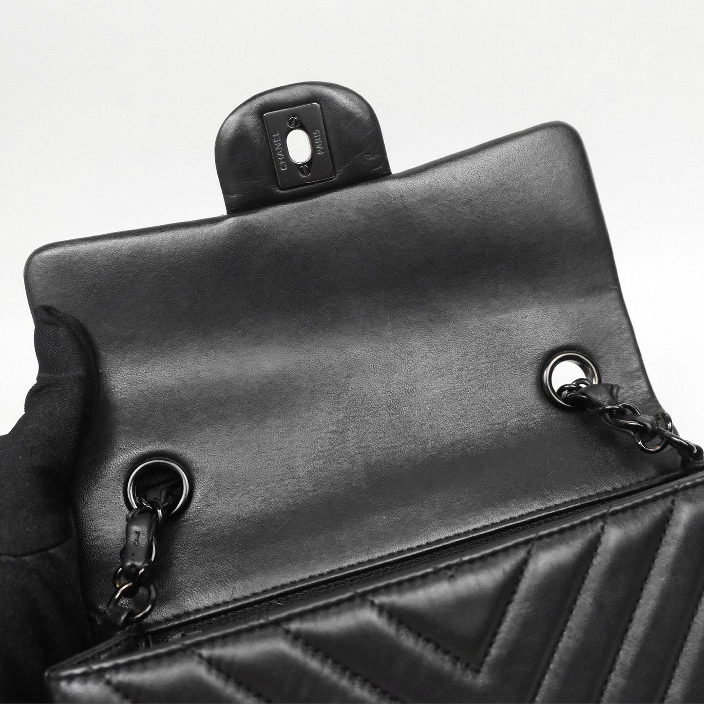 Chanel Quilted Mini Rectangular Chevron Black Lambskin So Black Hardware