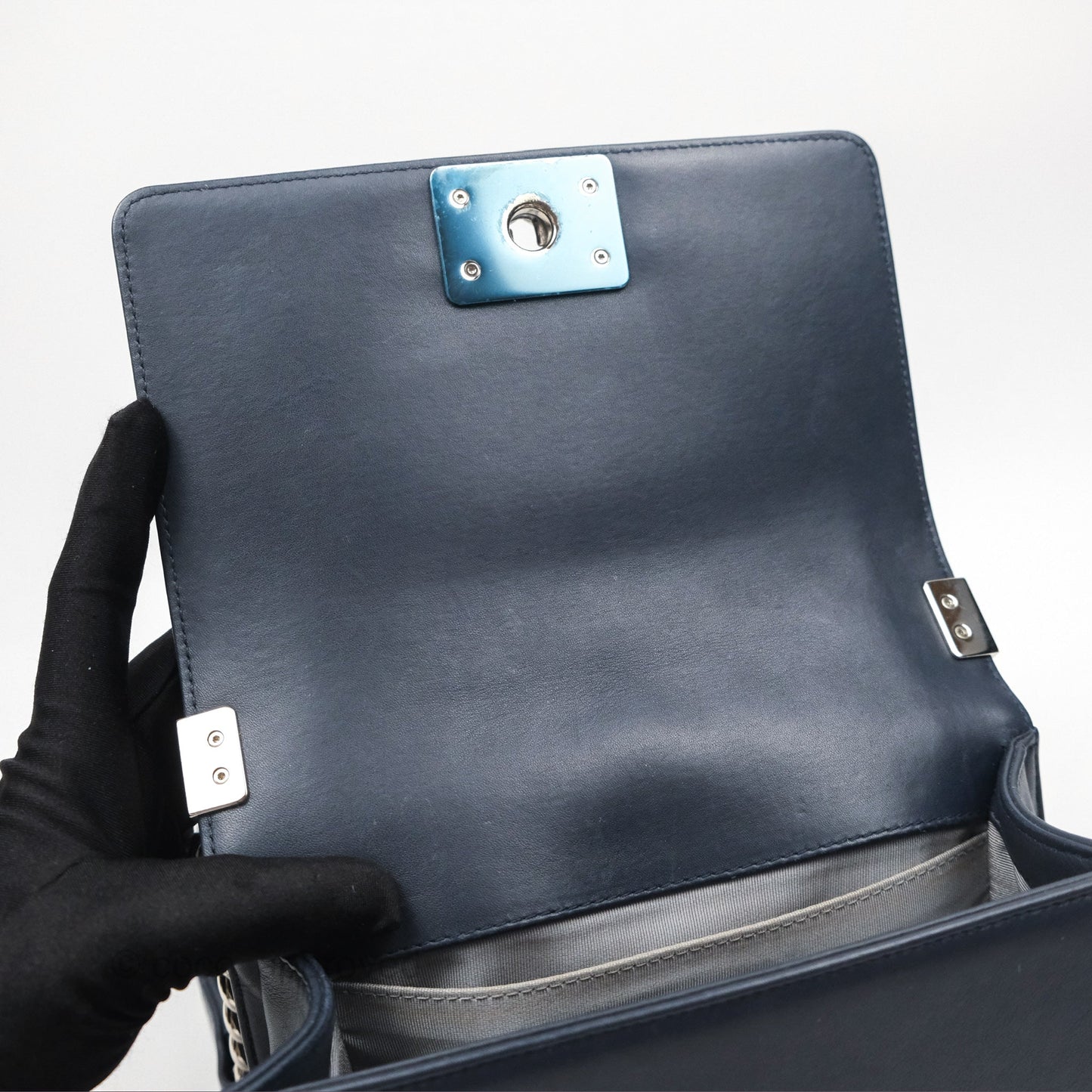 Chanel Small Chevron Boy Navy Calfskin Silver Hardware