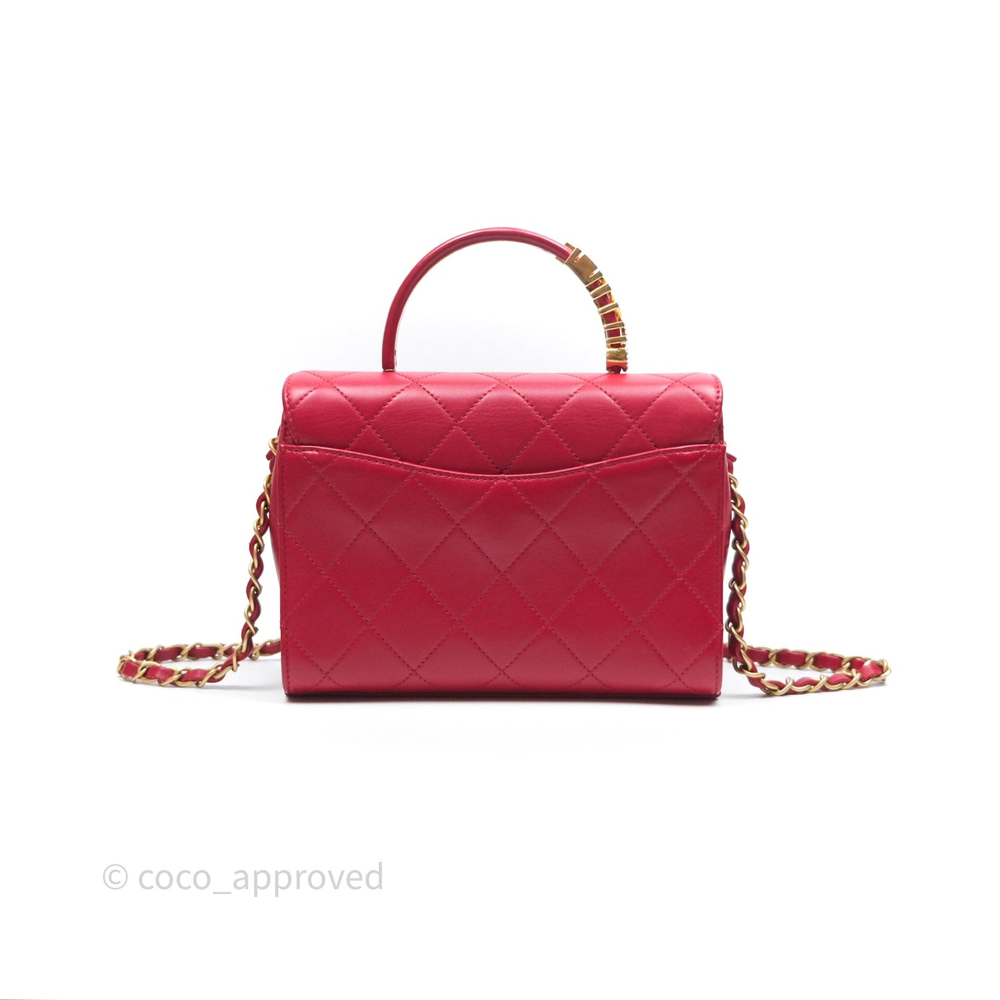 Chanel Quilted Flap Bag  with Pearl Logo Top Handle Red Lambskin Aged Gold Hardware