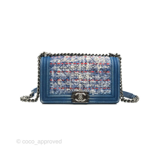 Chanel Medium Boy Blue Denim Tweed Ruthenium Hardware
