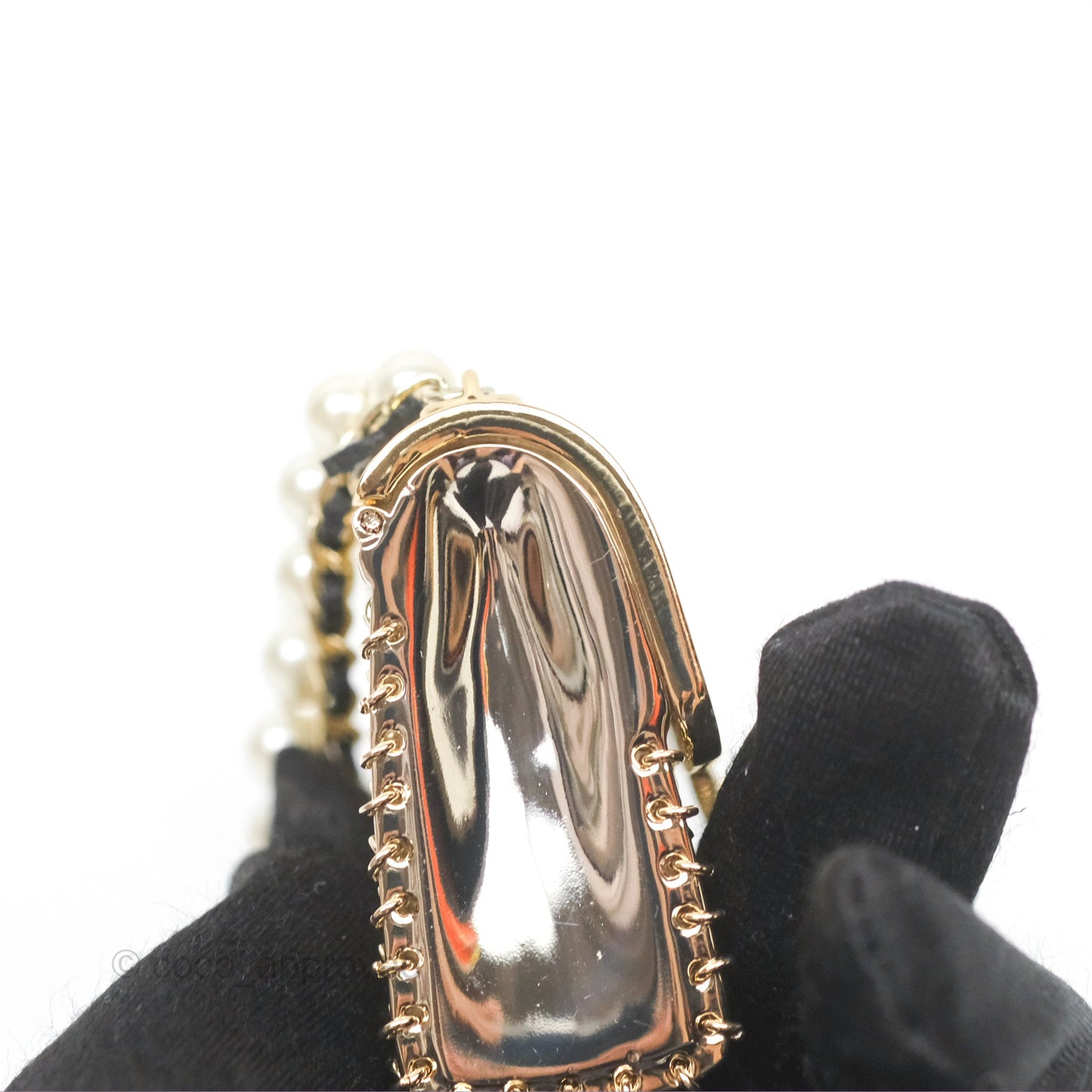 Chanel Flap Bag Charm Pearl Chain Black Leather Long Necklace Gold Tone 21S