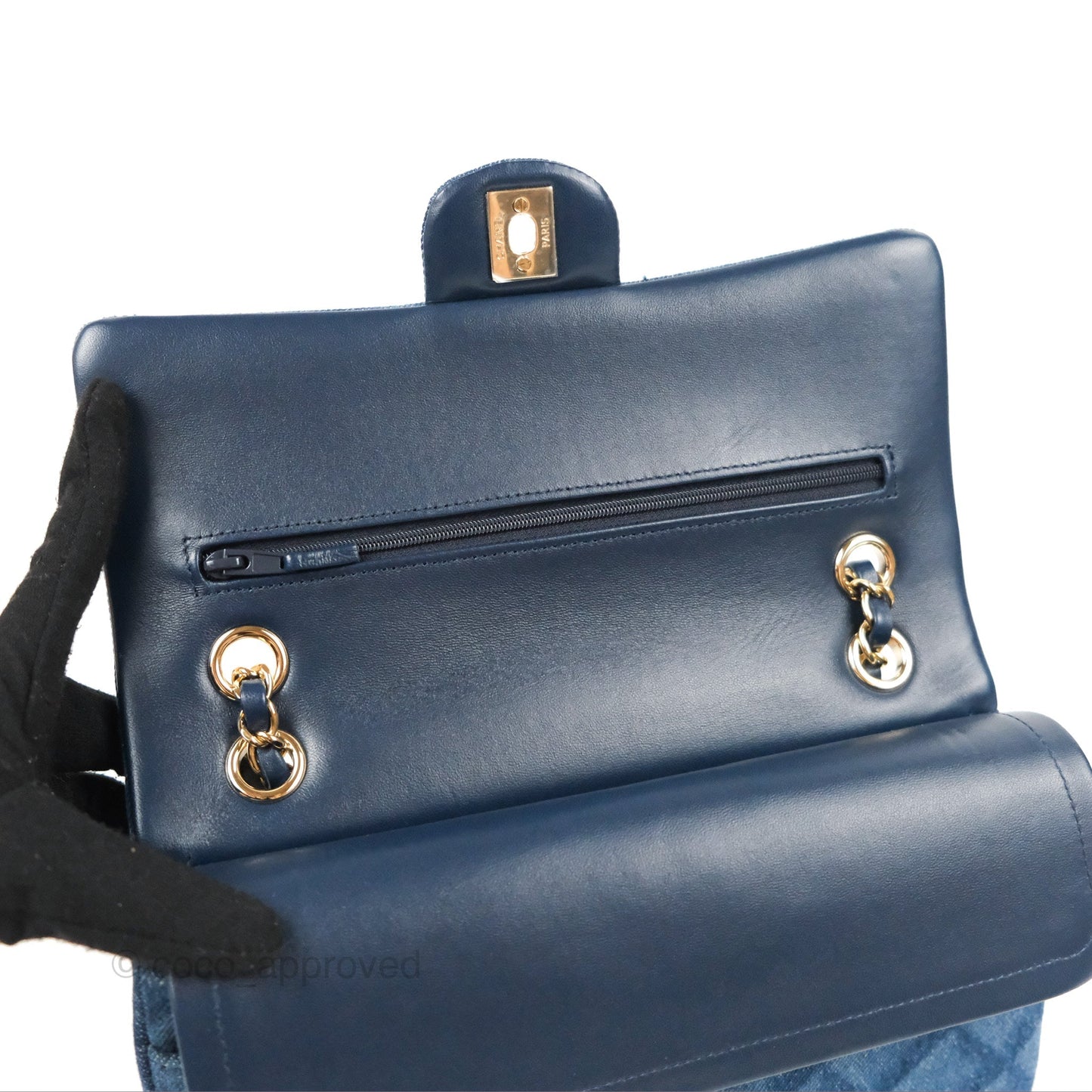 Chanel M/L Quilted Medium Double Flap Dark Blue Printed Denim 22B