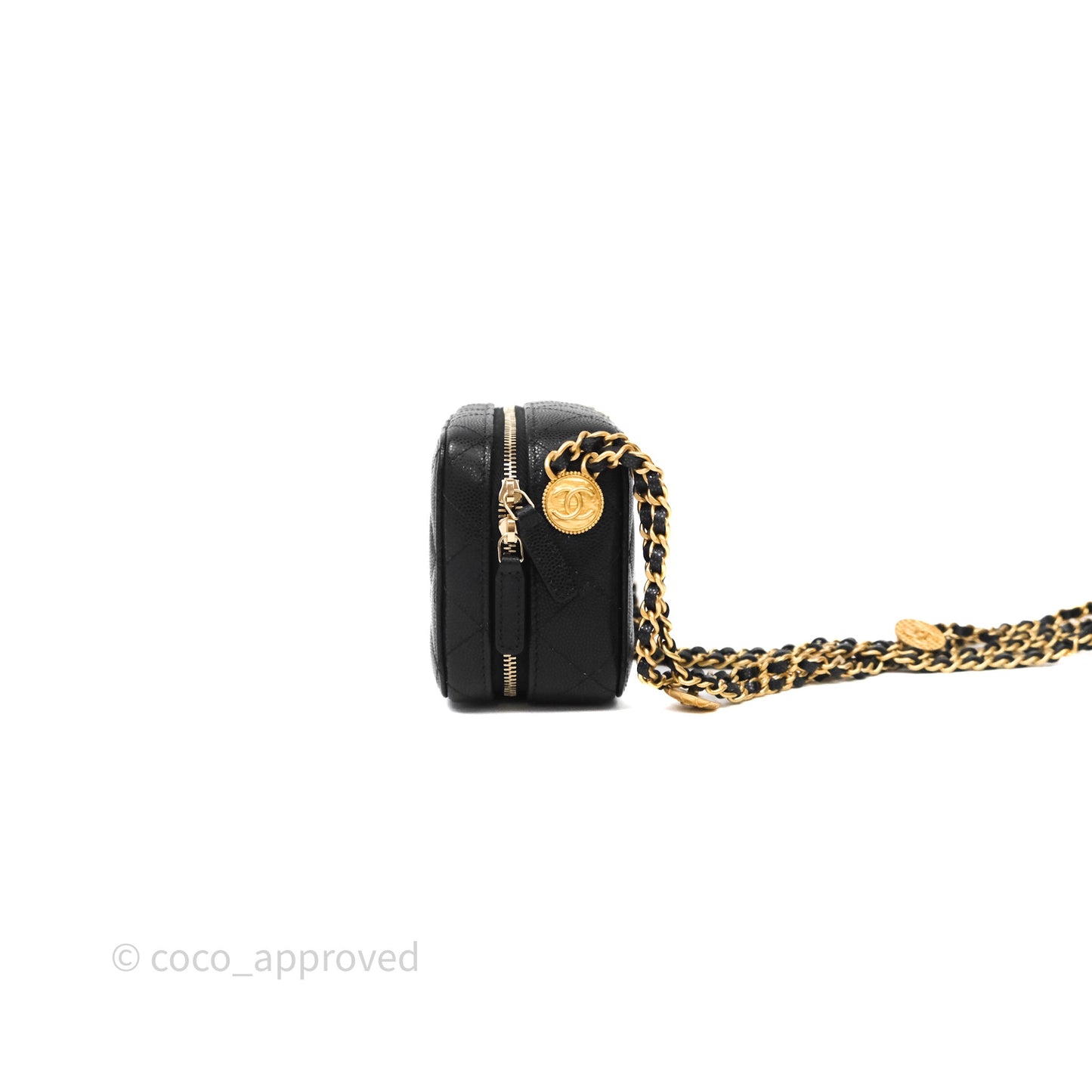 Chanel Quilted CC Coins Purse Chain Camera Case Black Caviar Aged Gold Hardware