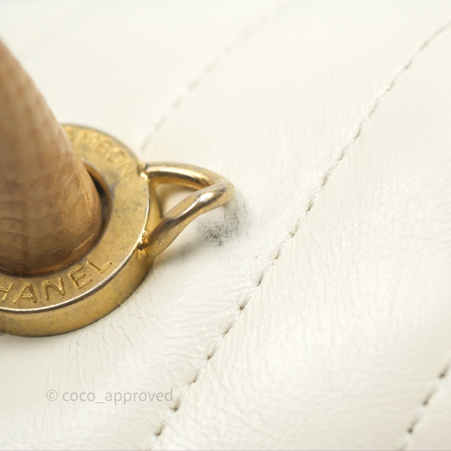 Chanel Medium Coco Handle Chevron Aged Calfskin Ivory Aged Gold Hardware Beige Lizard Handle