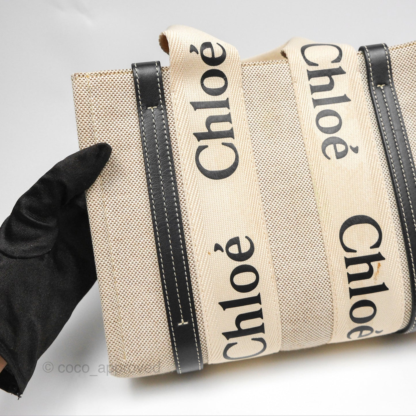 Chloe Small Woody Tote Bag Cotton Canvas & Black Calfskin with Woody Ribbon