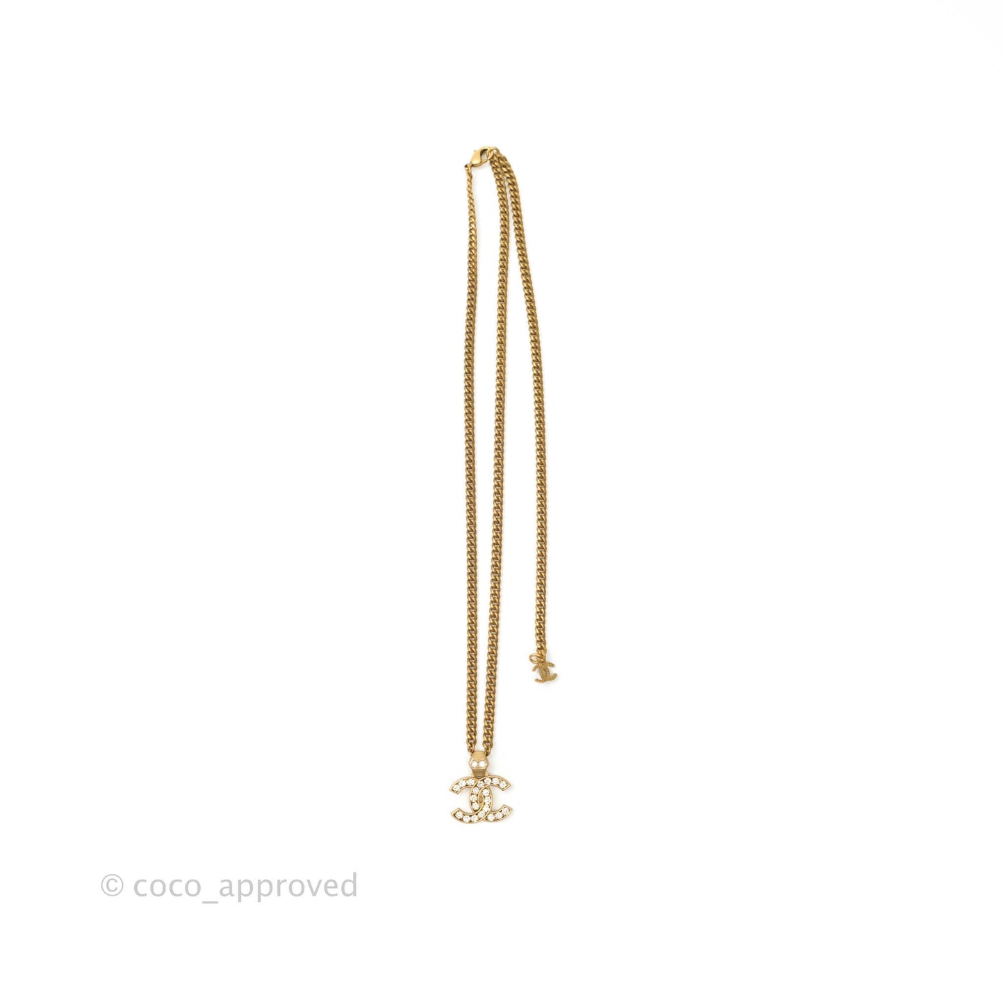 Chanel CC Crystal Pendant Chain Necklace Matte Gold Tone 21C
