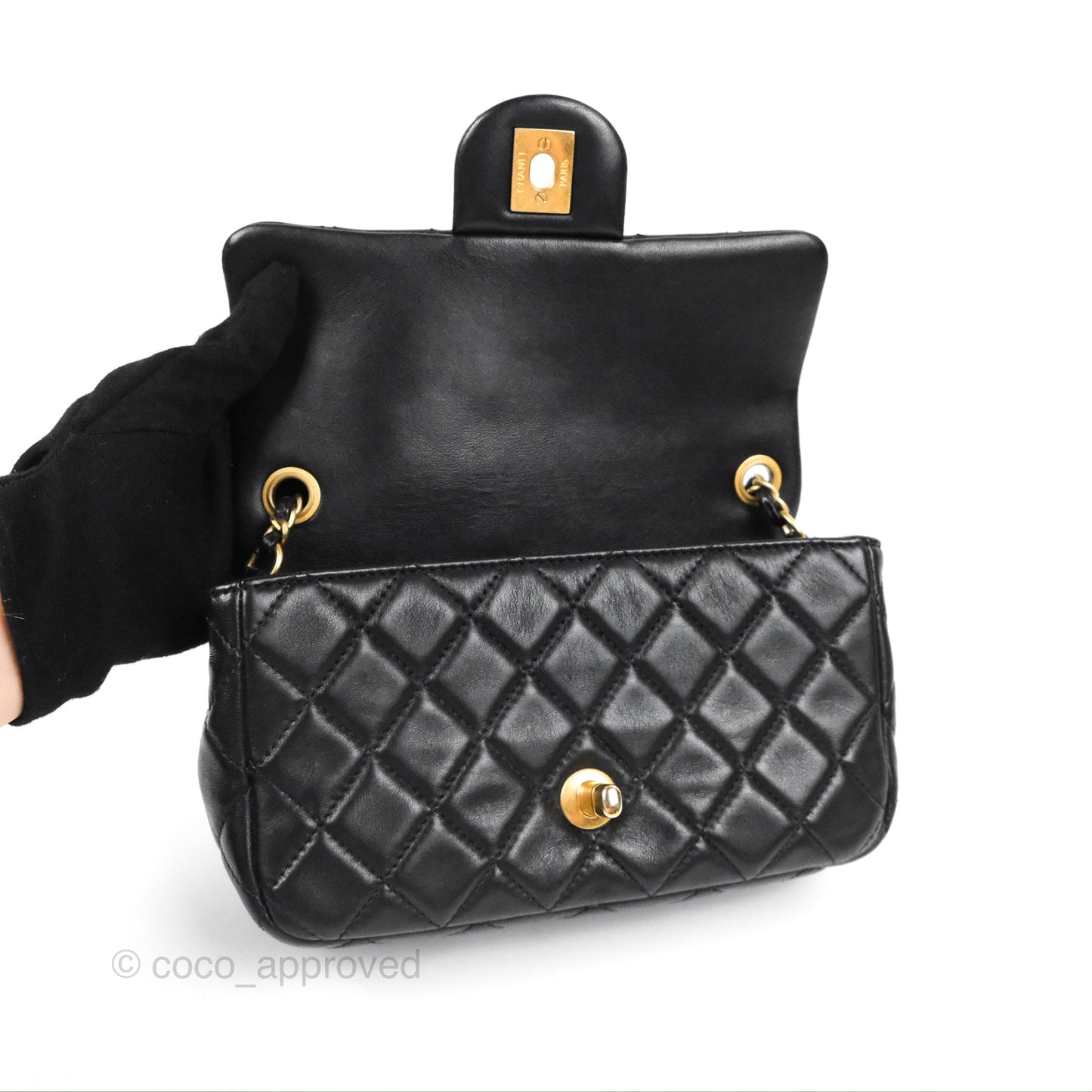 Chanel Mini Rectangular Pearl Crush Black Lambskin Aged Gold Hardware