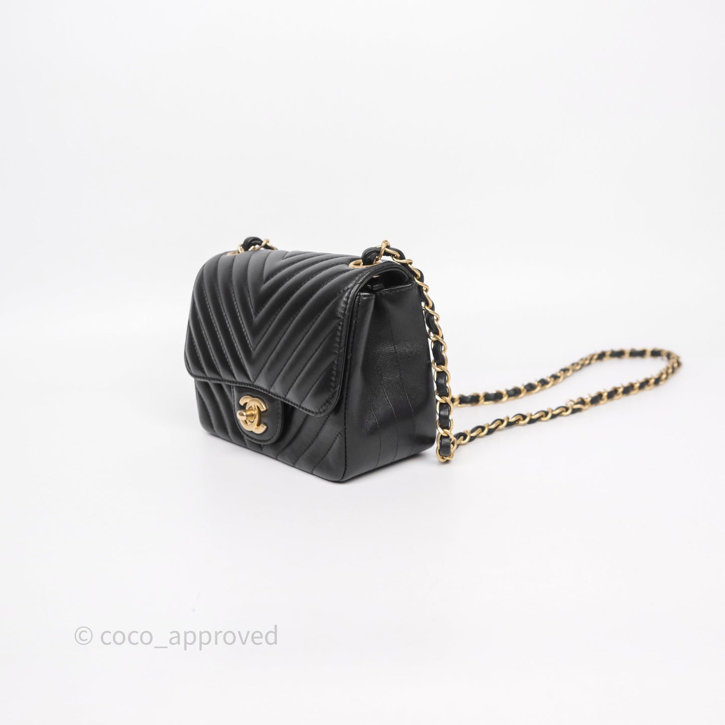 Chanel Mini Square Flap Chevron Black Lambskin Aged Gold Hardware