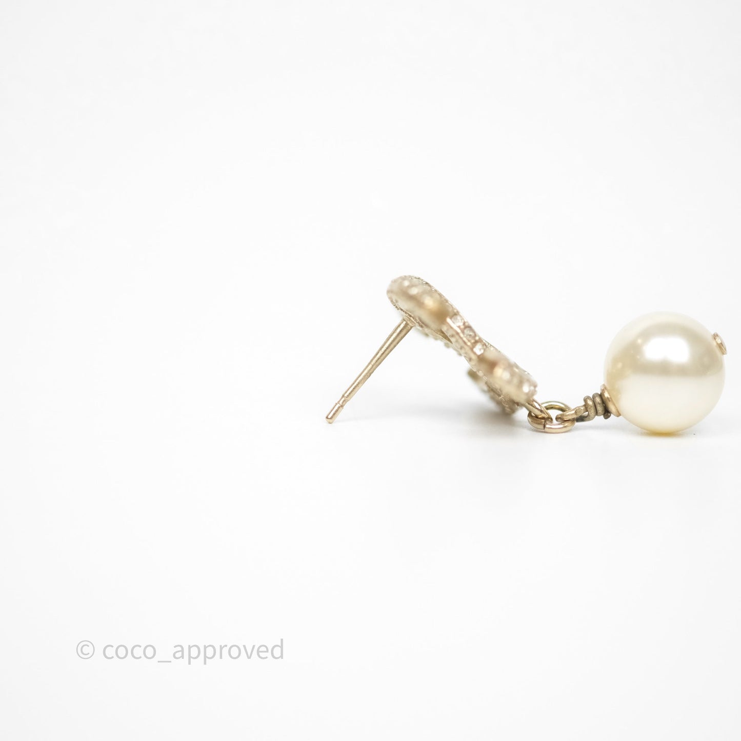 Chanel Crystal CC Pearl Drop Earrings Gold Tone 19V