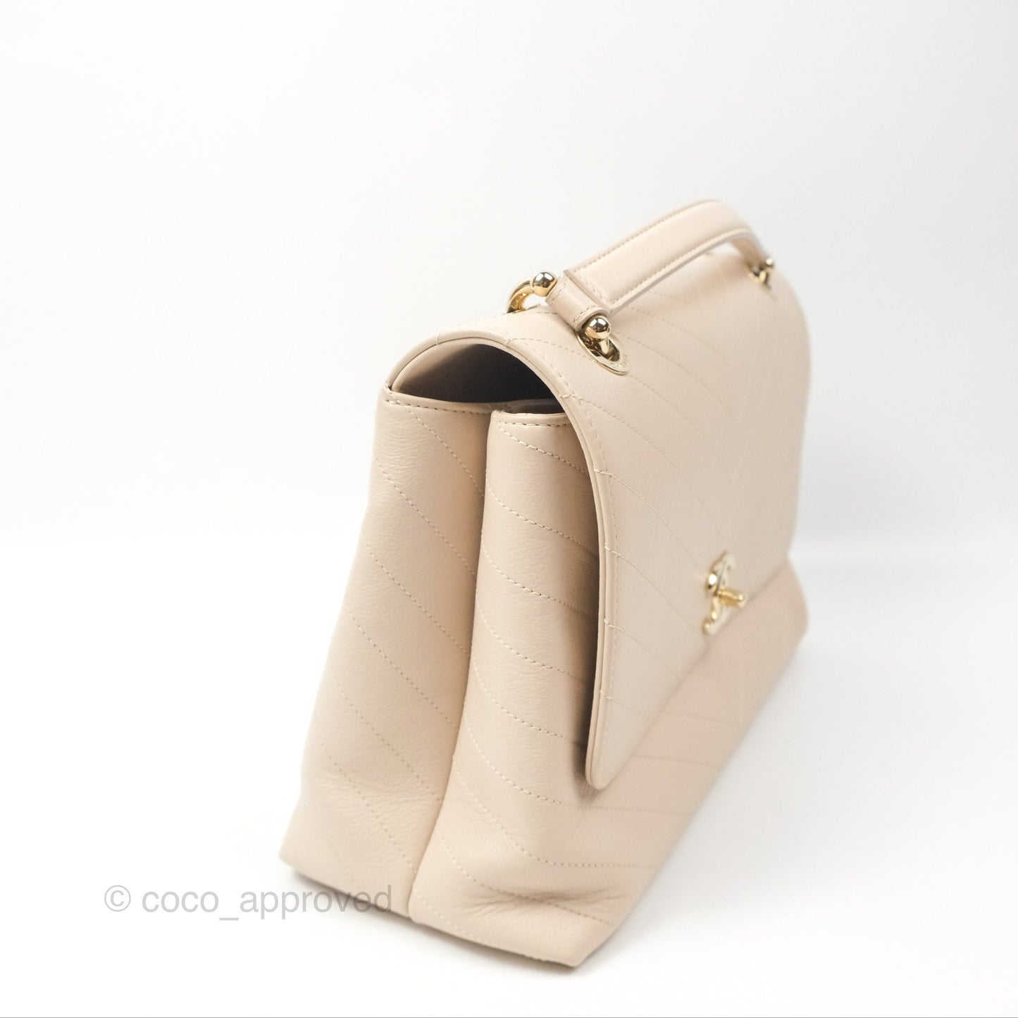 Chanel Large Chevron Chic Top Handle Bag Light Beige Grained Calfskin Gold Hardware