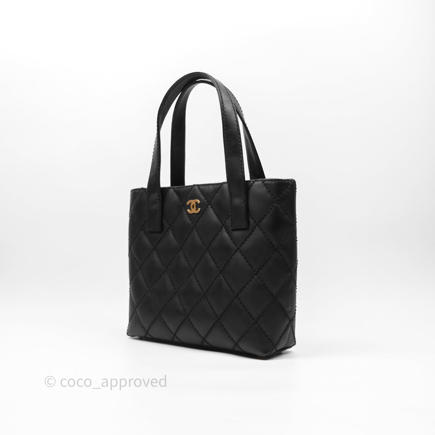 Chanel Vintage Quilted CC Tote Bag Matte Black Calfskin Gold Hardware