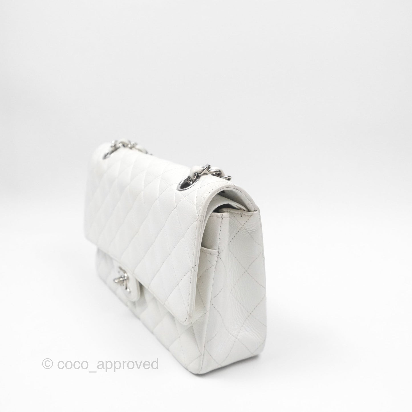 Chanel Classic M/L Medium Flap Quilted White Caviar Silver Hardware