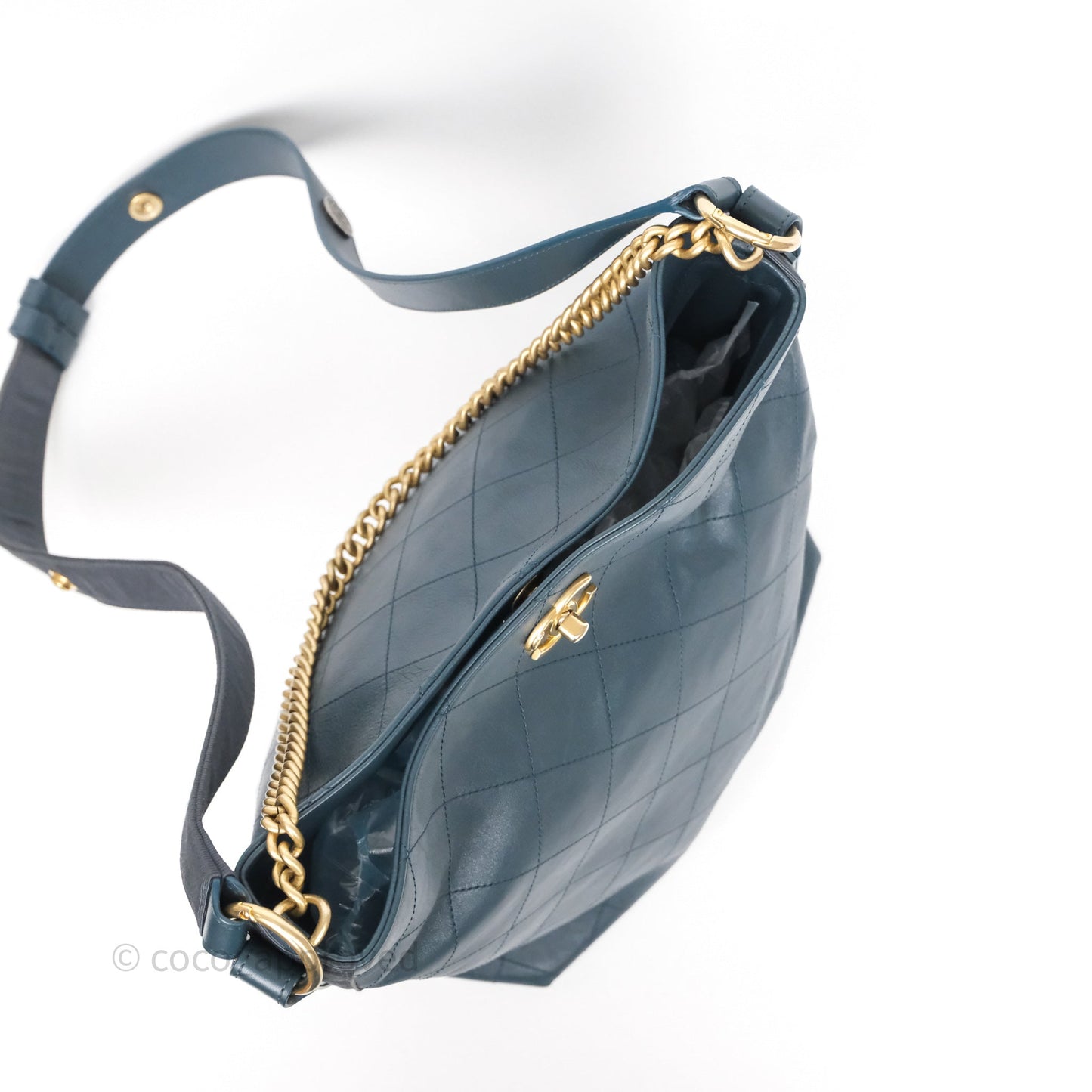 Chanel Button Up Hobo Bag Quilted Teal Calfskin Aged Gold Hardware