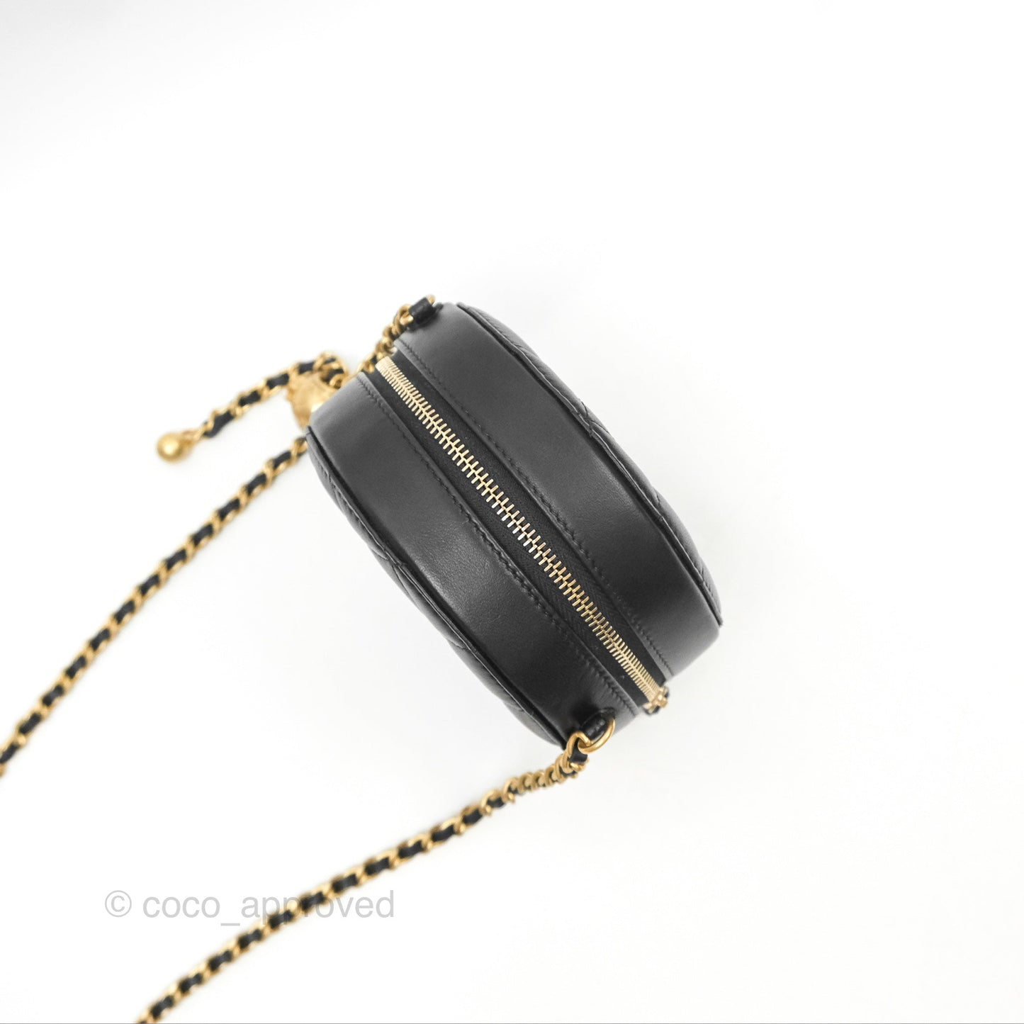Chanel Quilted Round Pearl Crush Clutch With Chain Black Lambskin Aged Gold Hardware