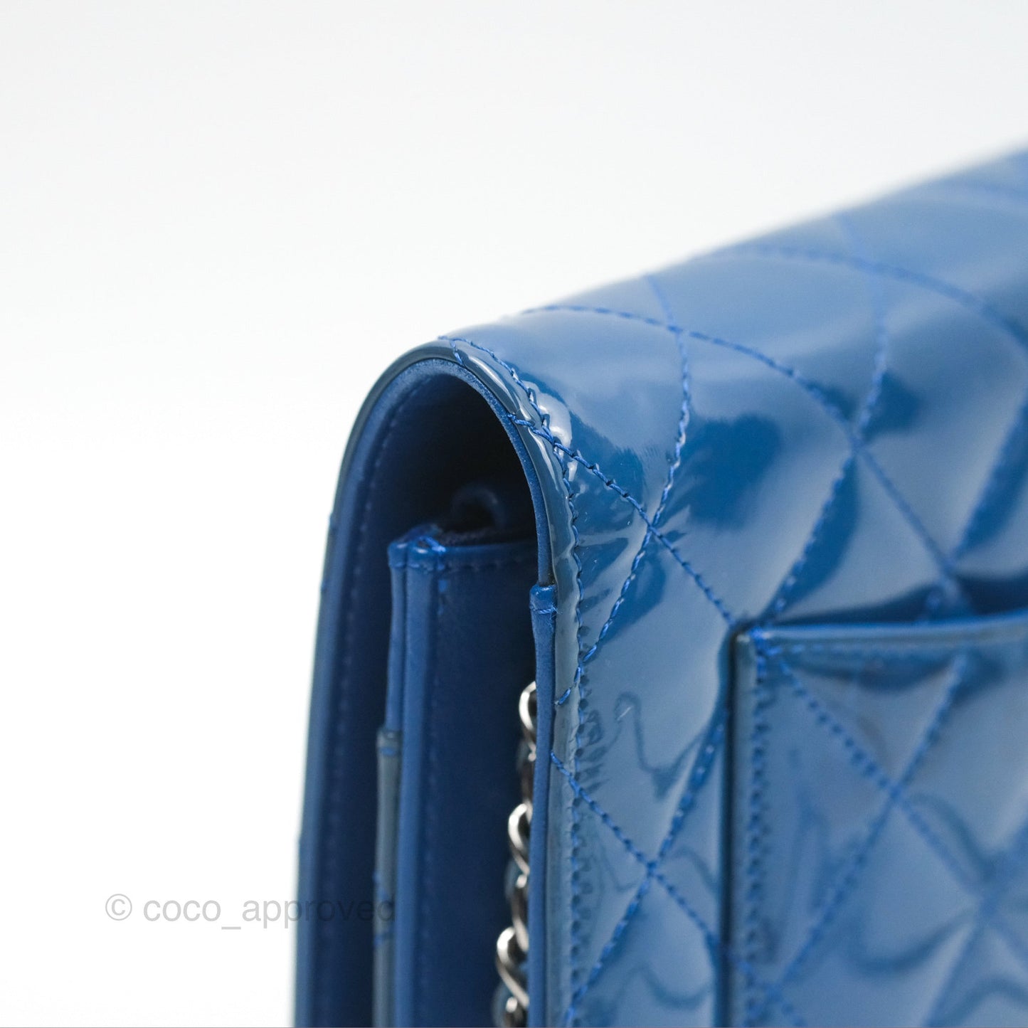 Chanel Quilted Classic Wallet on Chain WOC Blue Patent Silver Hardware