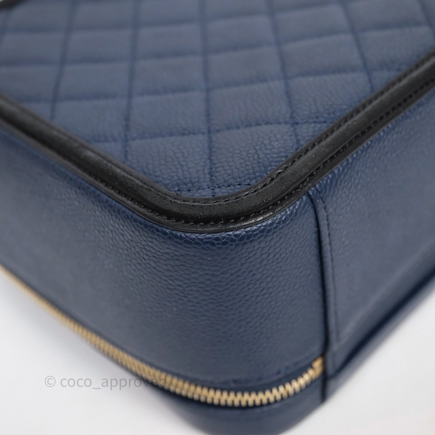 Chanel Quilted Large CC Filigree Vanity Case Navy Black Caviar Aged Gold Hardware