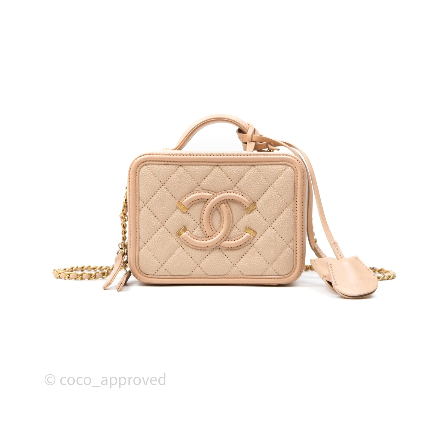 Chanel Quilted Small CC Filigree Vanity Case Beige Caviar Gold Hardware