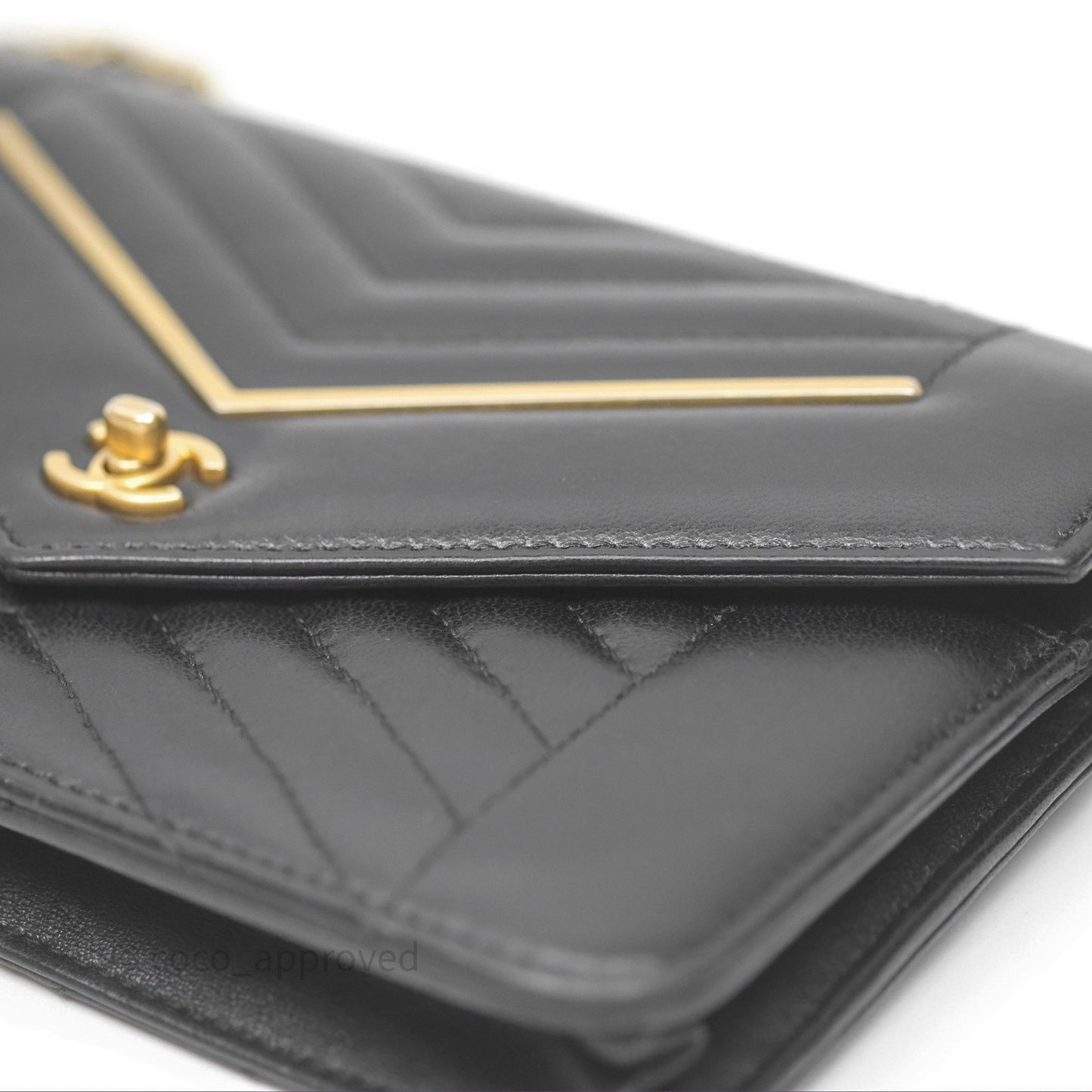 Chanel Reversed Chevron Wallet On Chain WOC Black Lambskin Aged Gold Hardware