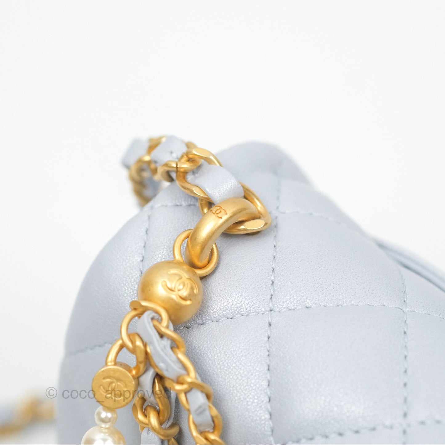 Chanel Mini Flap Bag with Pearl Chain Pearly Light Blue Lambskin Aged Gold Hardware 24P