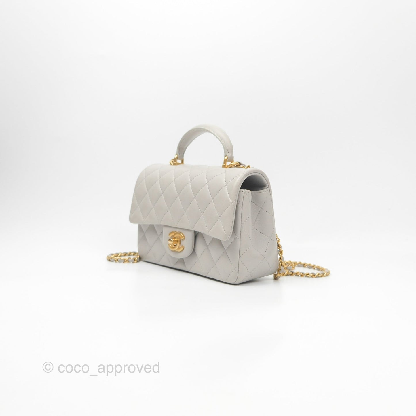 Chanel Top Handle Mini Rectangular Flap Bag Light Grey Lambskin Aged Gold Hardware