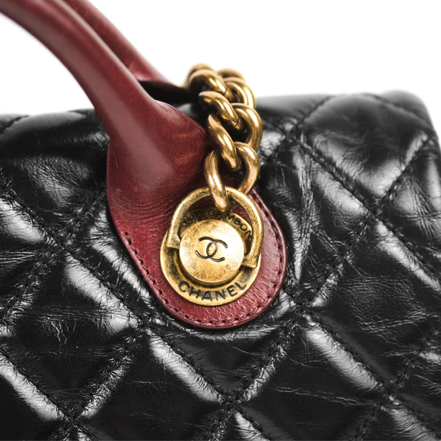 Chanel Large Castle Rock Flap Bag Black Glazed Aged Calfskin Burgundy Handle