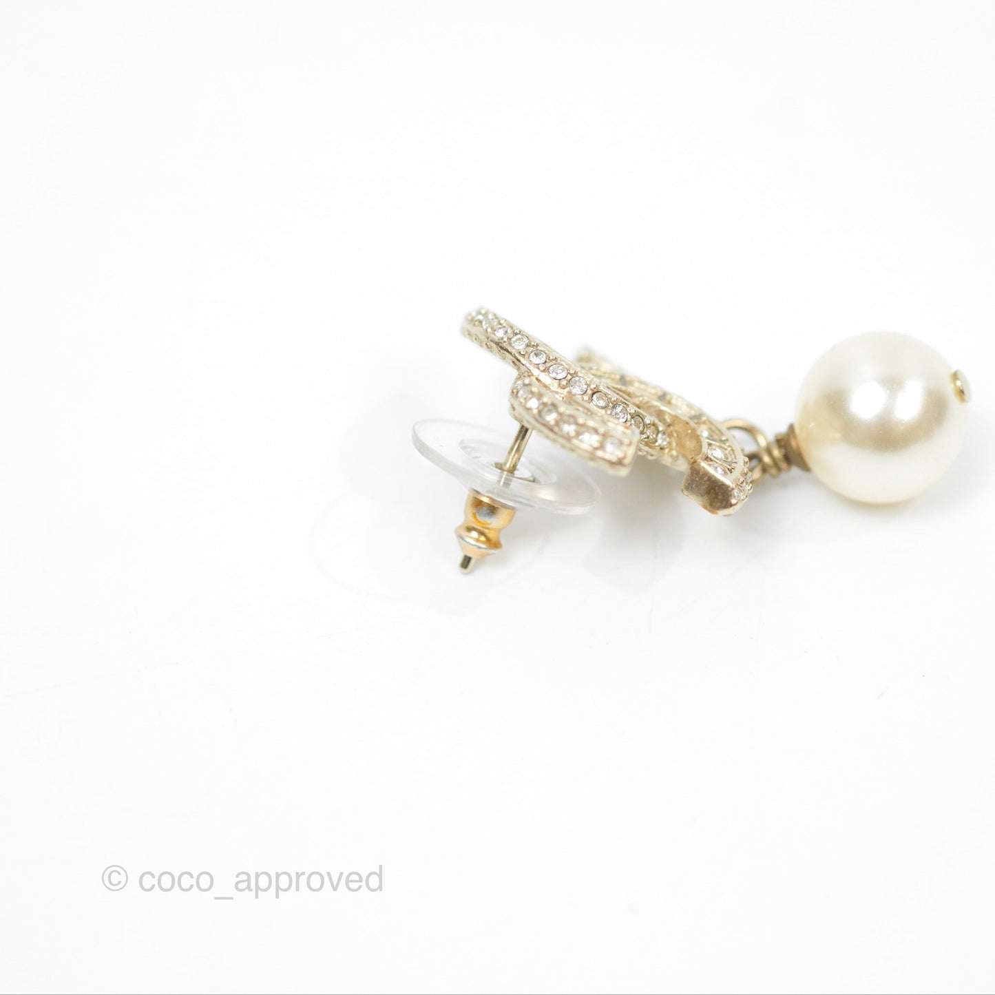 Chanel Crystal CC Pearl Drop Earrings Gold Tone 20V