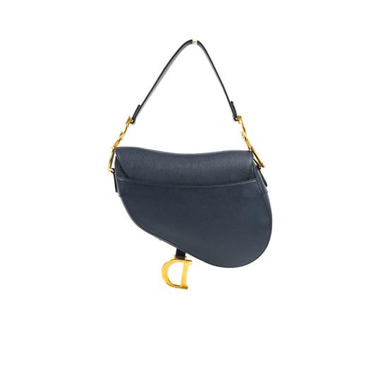 Christian Dior Saddle Bag Navy Grained Calfskin Gold Hardware