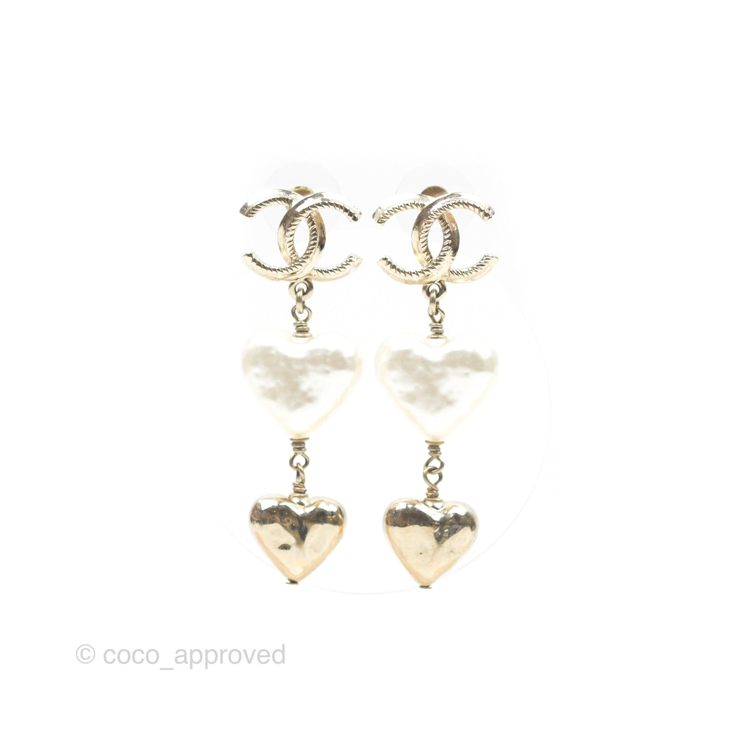 Chanel CC Pearl Heart Drop Earrings Gold Tone 22C