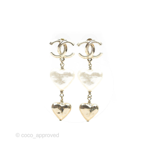 Chanel CC Pearl Heart Drop Earrings Gold Tone 22C