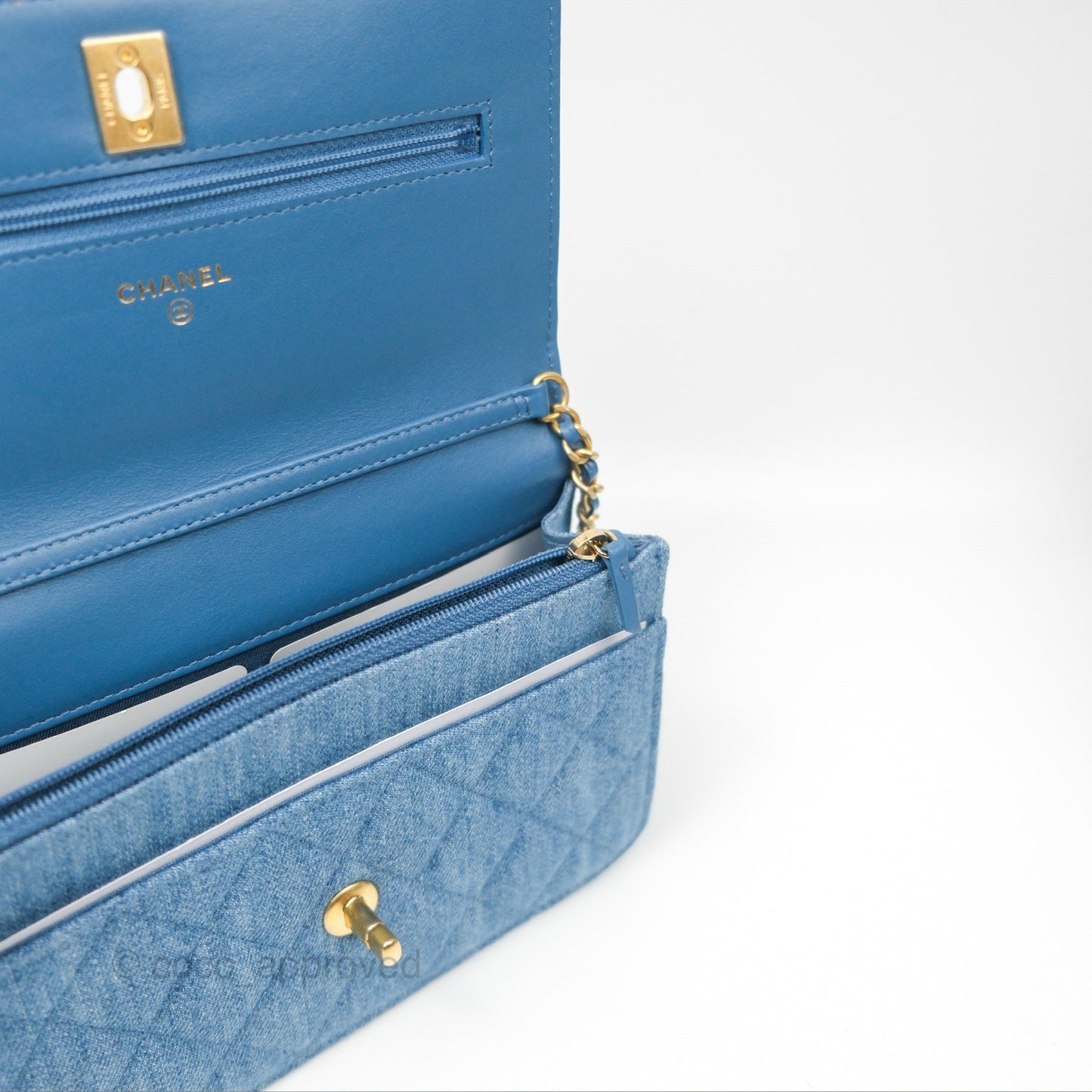 Chanel Quilted Pearl Crush Wallet on Chain WOC Denim Aged Gold Hardware