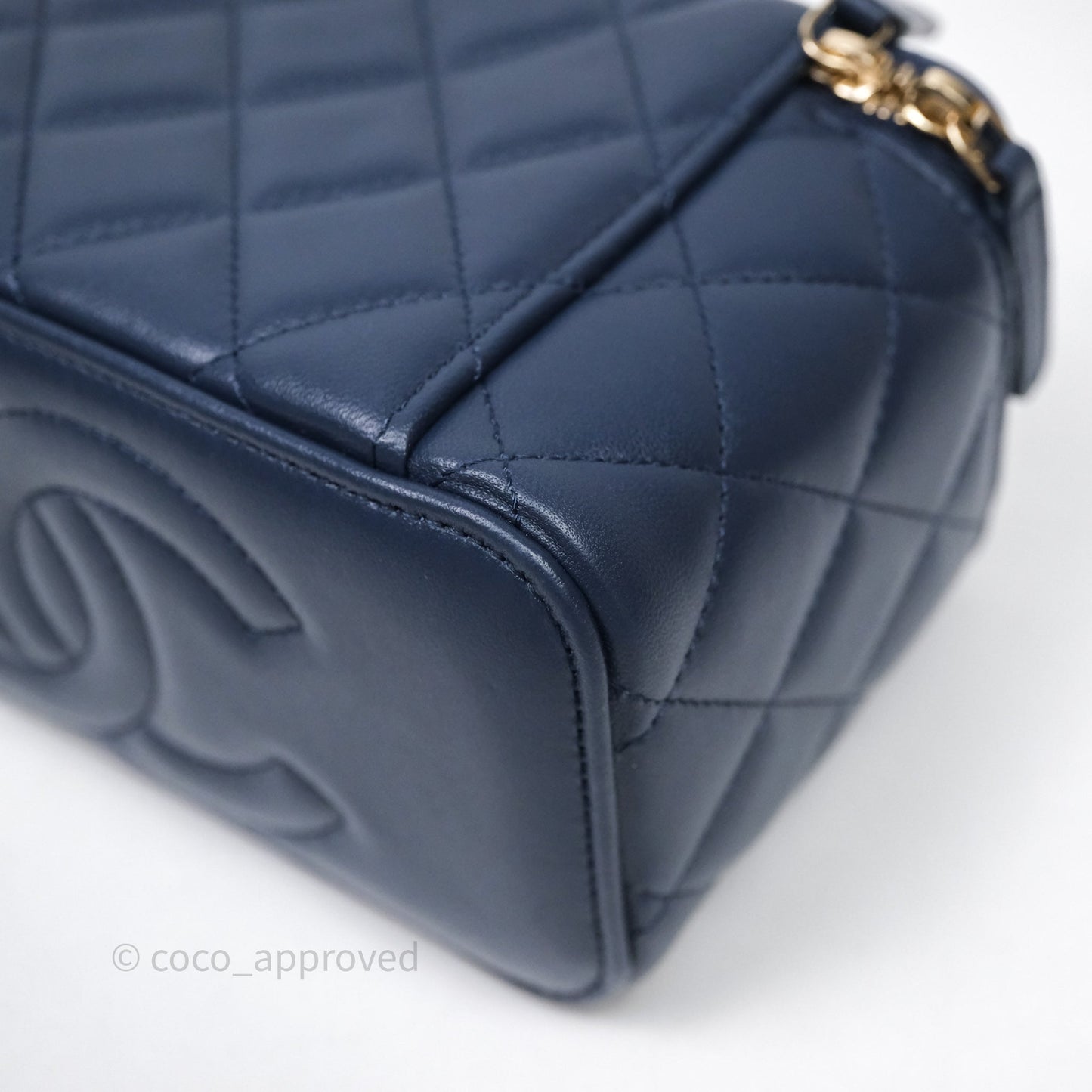 Chanel Vanity Rectangular Metal Top Handle Navy Lambskin Aged Gold Hardware