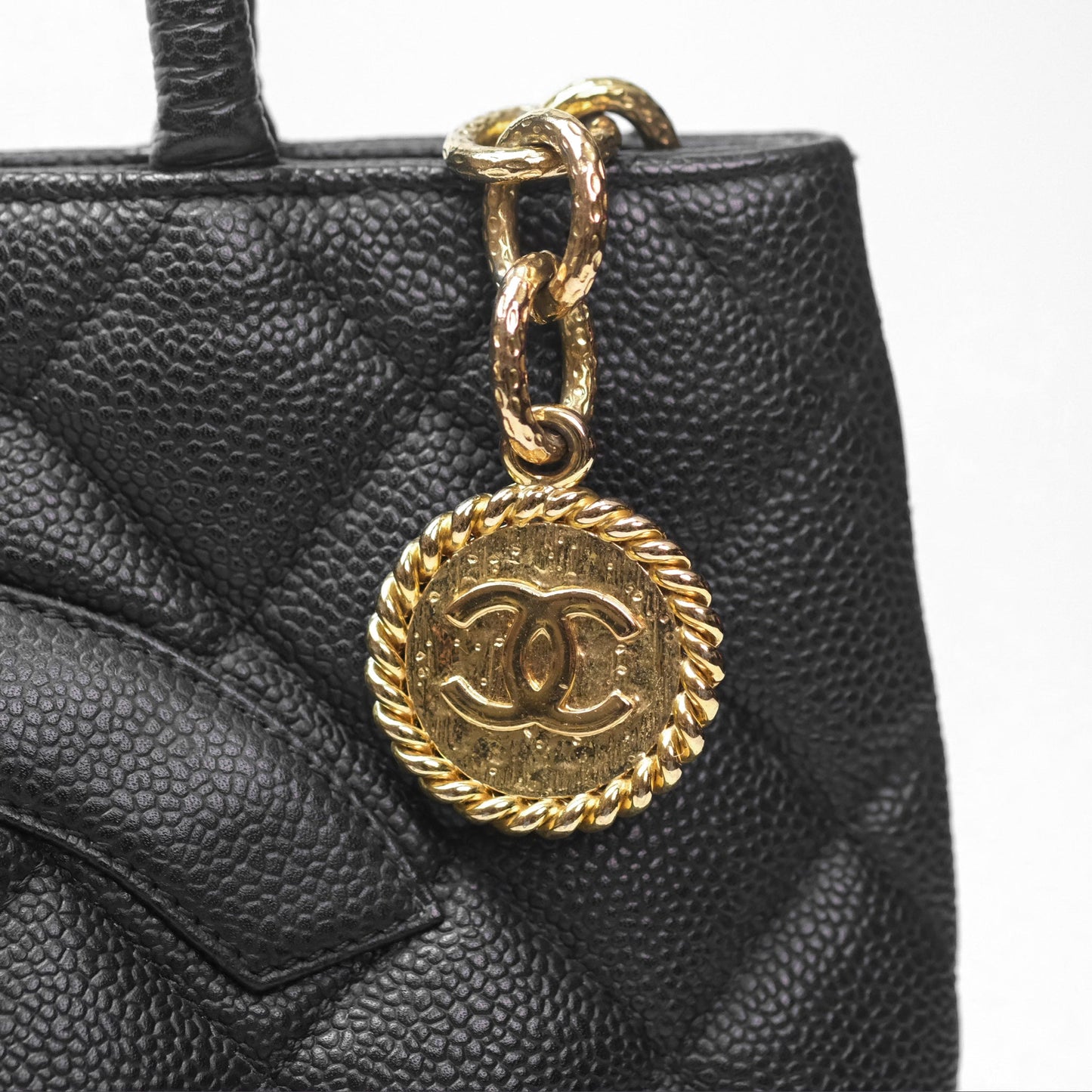 Chanel Vintage Medallion CC Black Caviar Tote Bag Gold Hardware