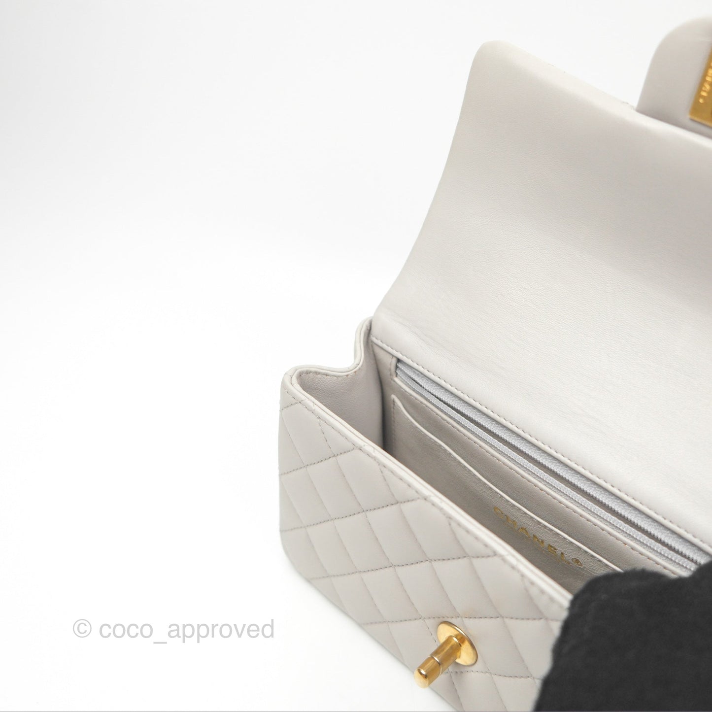 Chanel Top Handle Mini Rectangular Flap Bag Light Grey Lambskin Aged Gold Hardware