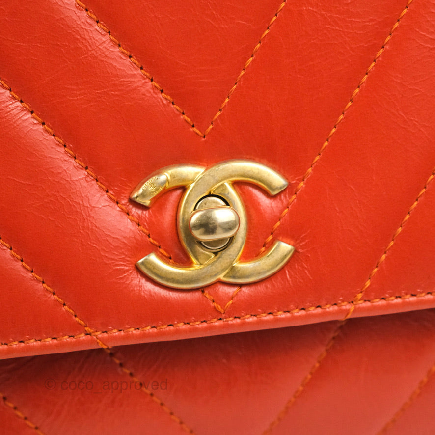 Chanel Chevron Small Coco Handle Dark Orange Shiny Aged Calfskin Aged Gold Hardware