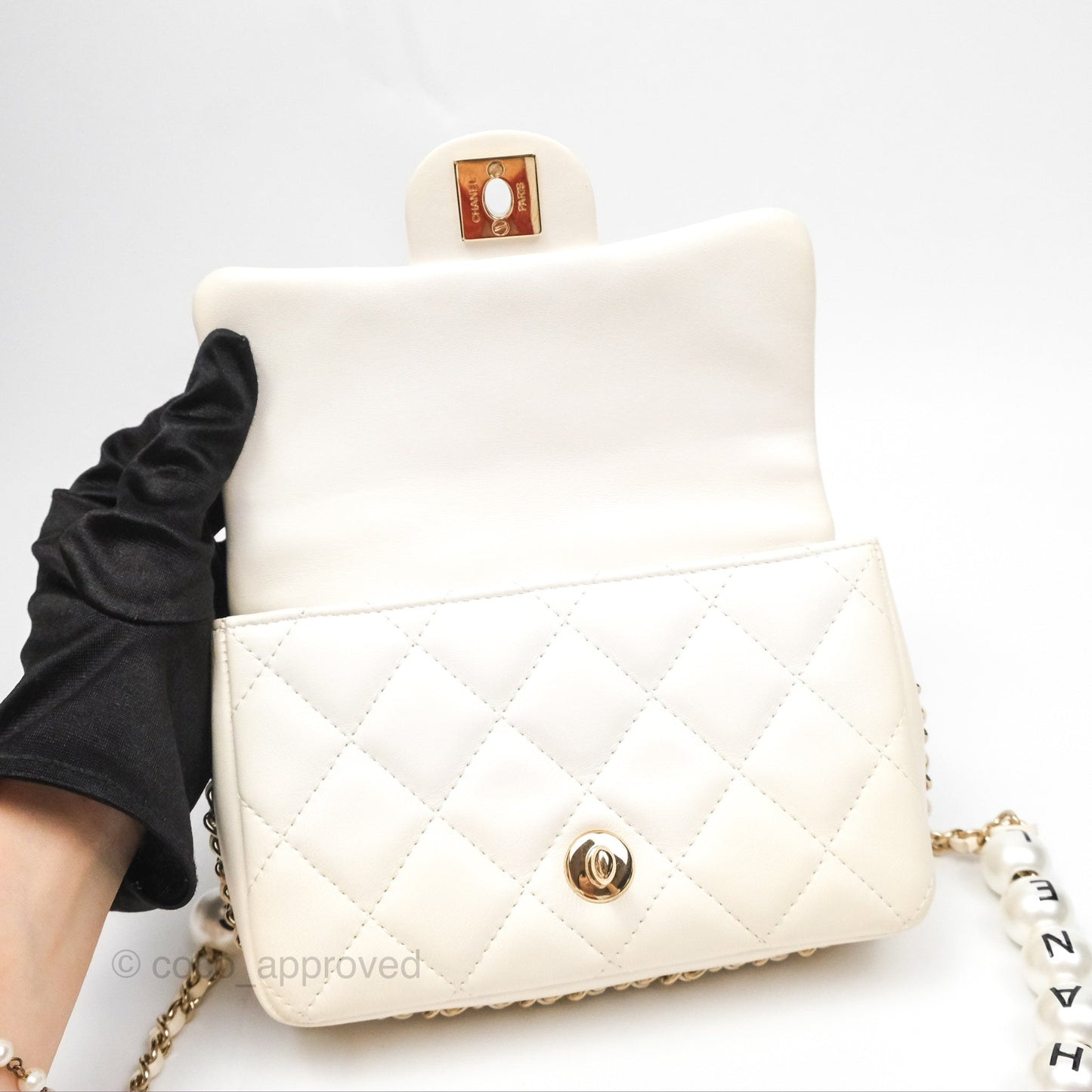 Chanel Small Logo Pearl Chain Flap Bag White Lambskin Gold Hardware