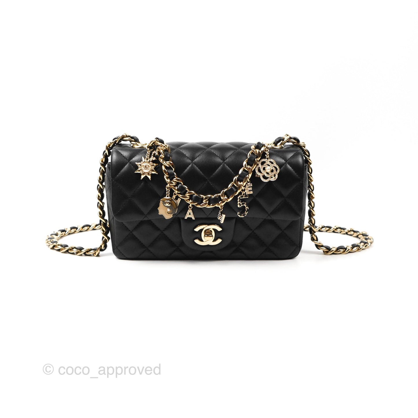 Chanel Quilted Mini Rectangular Flap With Charms Black Lambskin Gold Hardware 21C