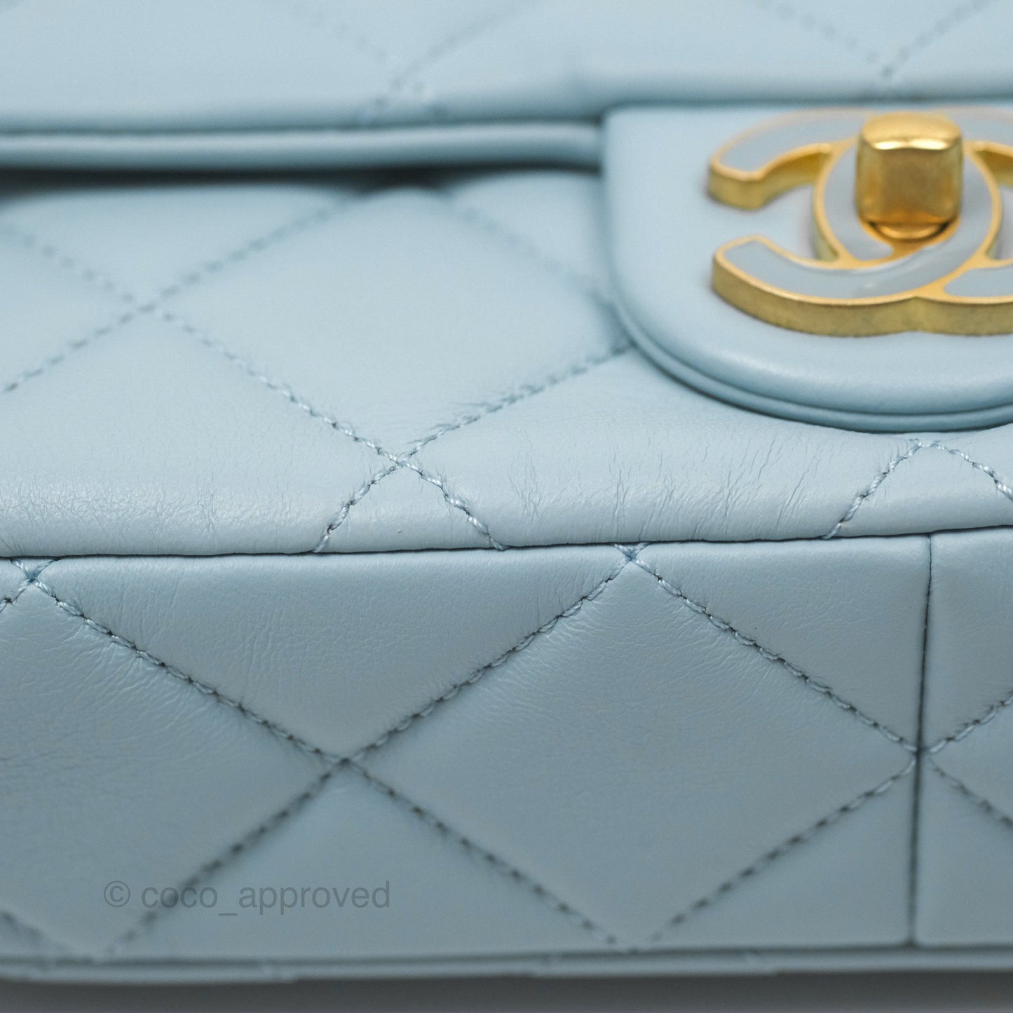 Chanel Quilted Enamel Pending CC Small Square Flap Baby Blue Lambskin 22P
