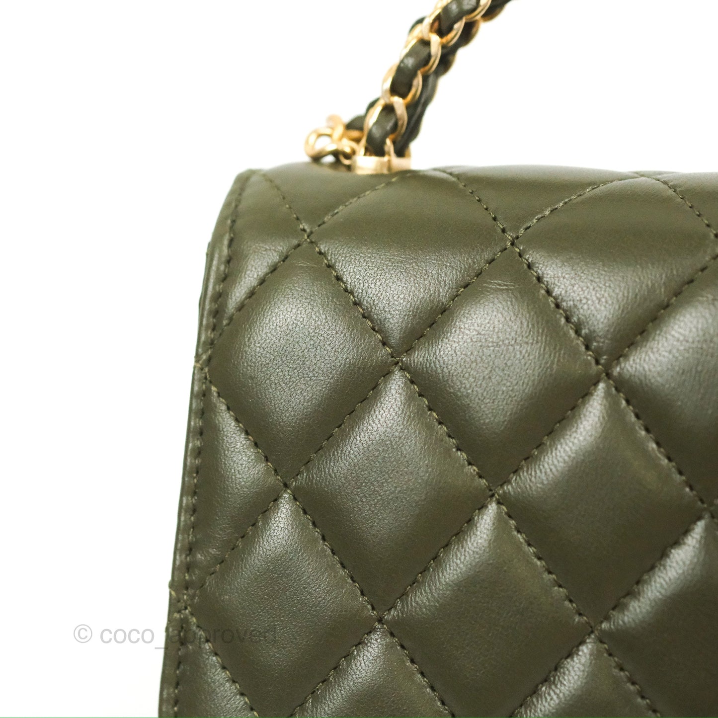Chanel Top Handle Clutch With Chain Army Green Lambskin Aged Gold Hardware