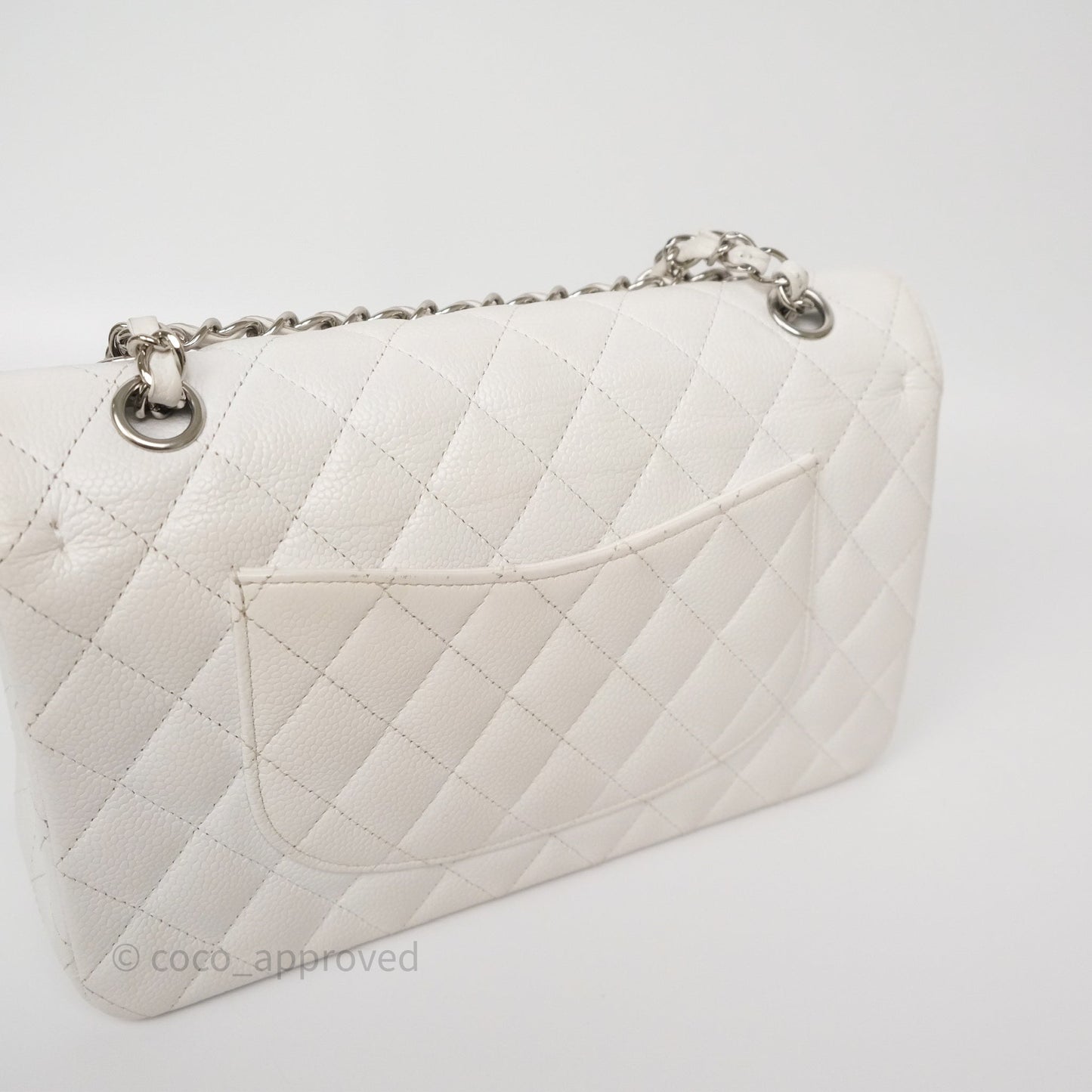 Chanel M/L Medium Classic Flap Quilted White Caviar Silver Hardware