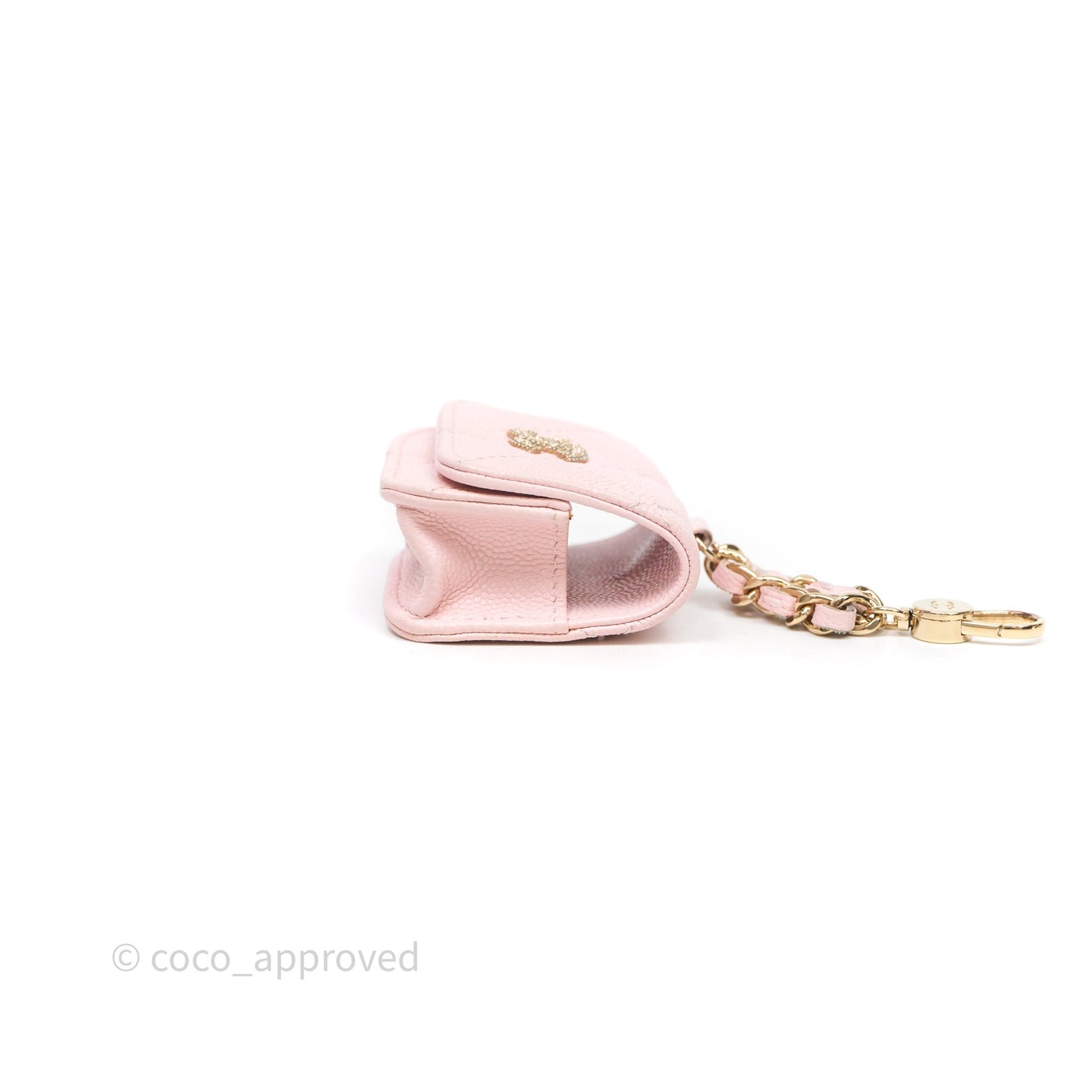 Chanel Quilted Crystal CC Pink Caviar Airpods Phone Case With Chain Light Gold Hardware