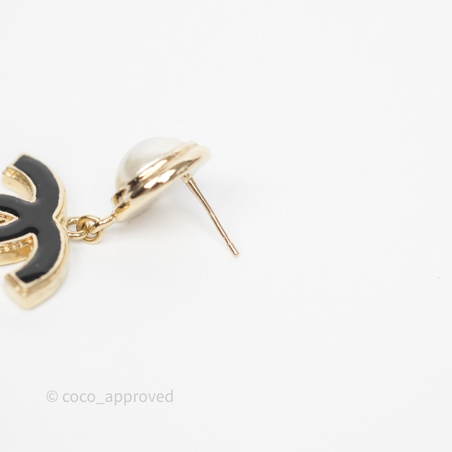 Chanel Round Pearl CC Black Resin Drop Earrings Gold Tone 22A