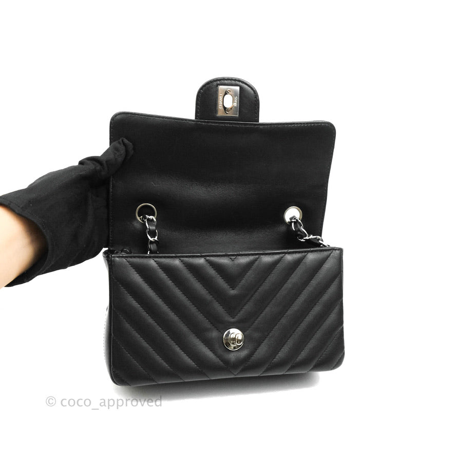 Chanel Chevron Mini Rectangular Flap Black Lambskin Silver Hardware