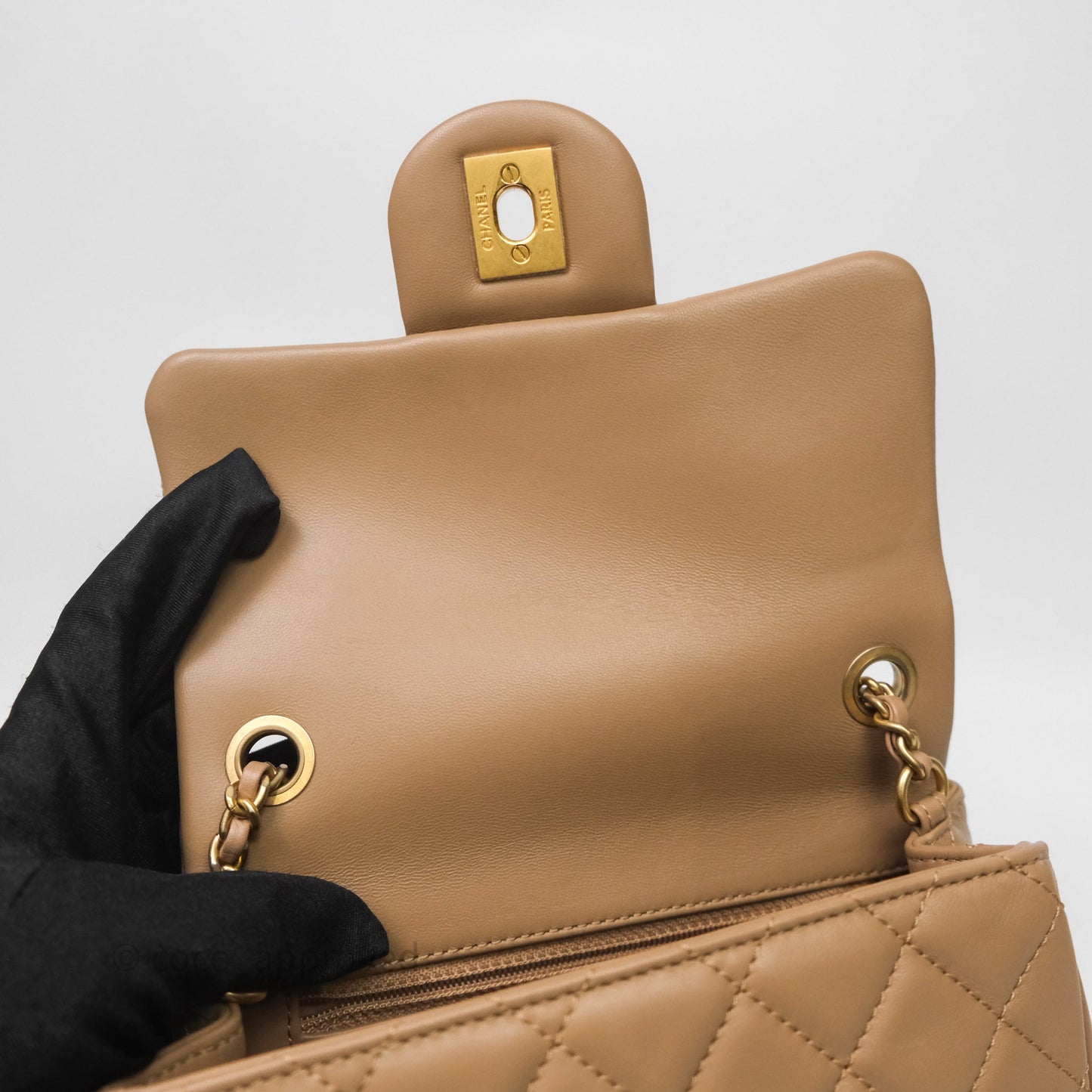 Chanel Pearl Crush Mini Square Quilted Beige Lambskin Aged Gold Hardware