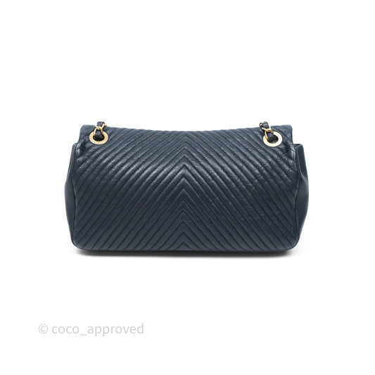 Chanel Medium Chevron Surpique Flap Navy Calfskin Aged Gold Hardware